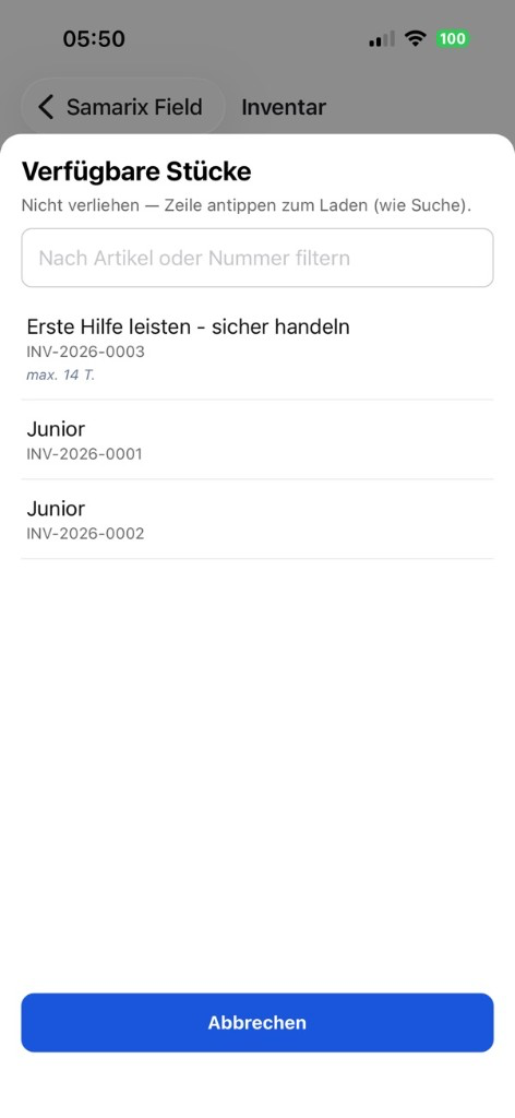 Verfügbare Inventarstücke in der App