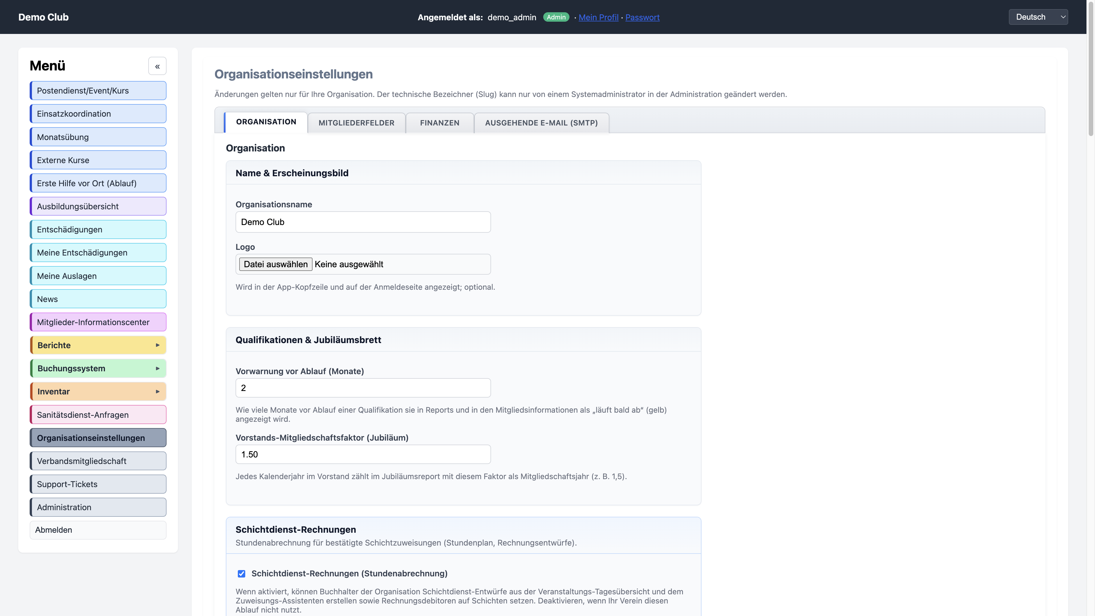 Organisationseinstellungen mit Modulen und Branding