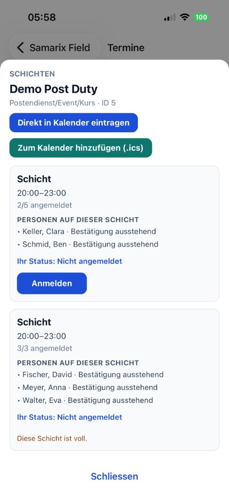 Schichtdetail am Postendienst